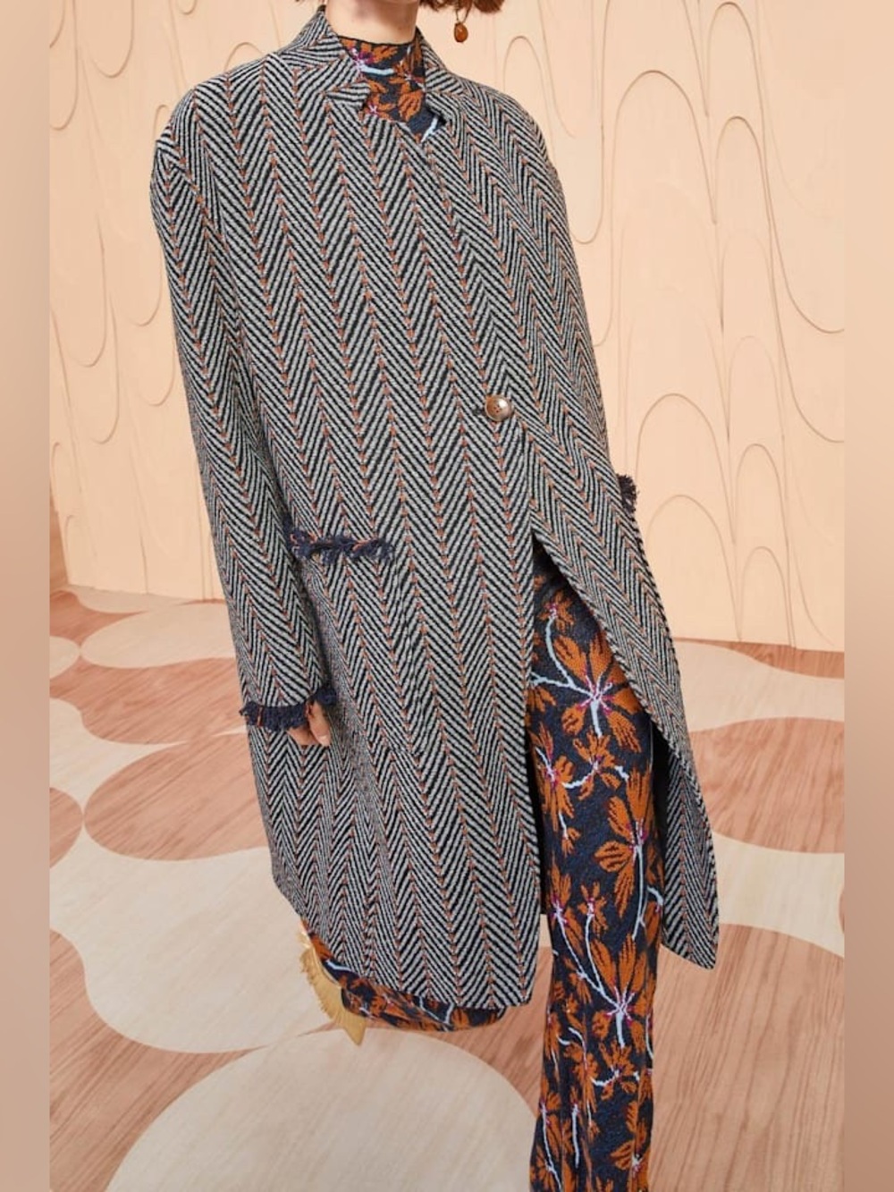 ULLA JOHNSON Eleanor Coat Graphite Size P XS Herringbone Fringe Navy Blue Gray
